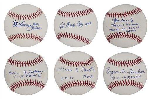 Lot of (6) Medal Of Honor Recipients from WWII, Korean War and the Vietnam War Signed Baseballs (PSA/DNA)